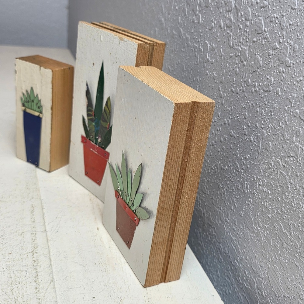 Handmade Rustic Wood Metal Succulent Cactus Wall Art Block Set of 3 Multicolor - Picture 6 of 7